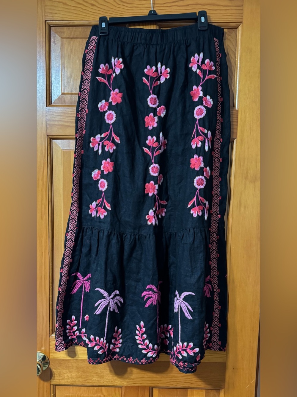 Johnny Was Black Maxi Skirt with Pink Floral Embroidery
